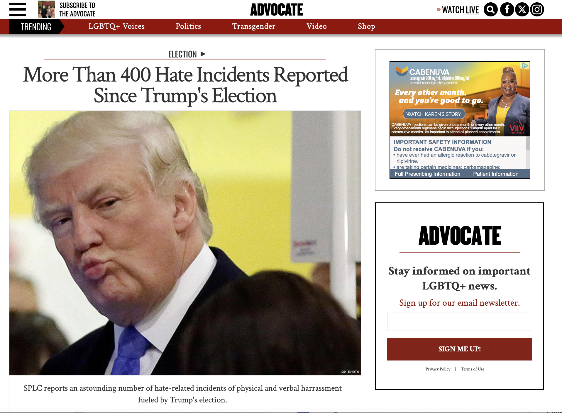 ADVOCATE NEWS: More than 400 hate incidents reported since Trump’s election (2016)